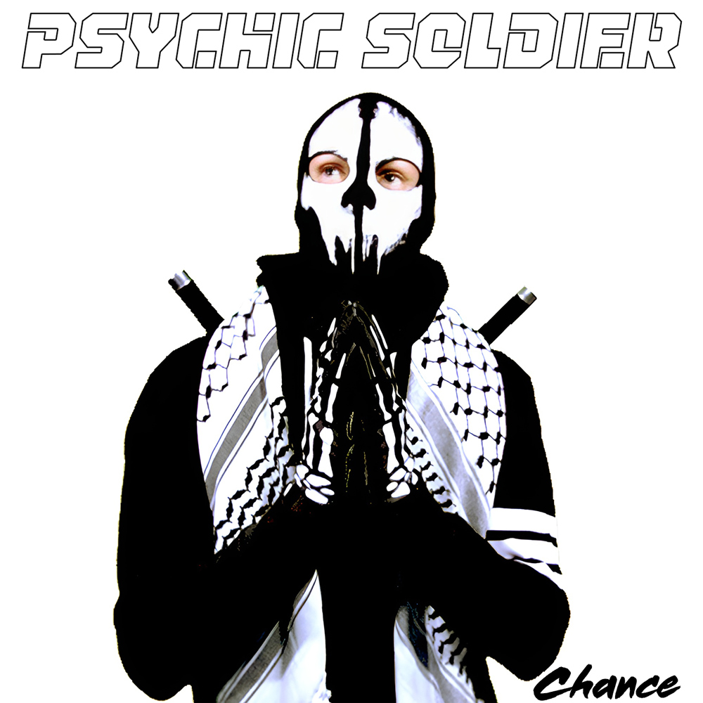 Psychic Soldier album cover with Chance in his black war gear outfit with 3 stripes on his sleeve, a ghost Balaclava Mask, and ninja swords cased on his back in X formation and he is in the middle of a silent prayer while looking up at Elohim for answers